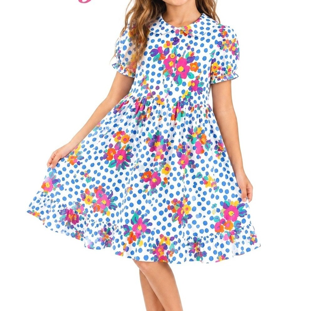 Wee Clancy Vintage Girls Floral Polka Dot Dress Size 7 USA Made Peter Pan Collar